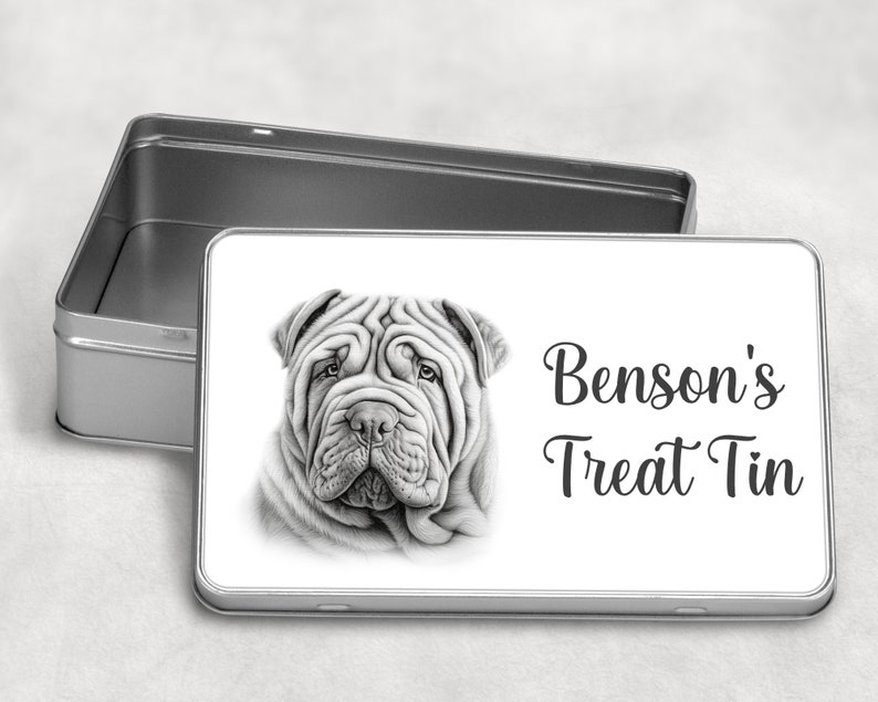 Personalised Dog Treats / Snack Tin Gift, 10 Dog Breeds Birthday Christmas SHARPEI