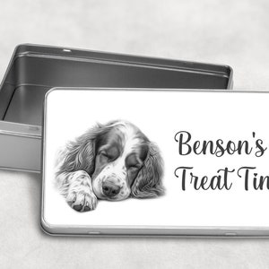 Personalised Dog Treats / Snack Tin Gift, 10 Dog Breeds Birthday Christmas SLEEPY SPRINGER