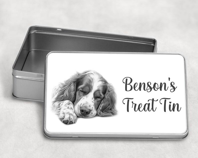 Personalised Dog Treats / Snack Tin Gift, 10 Dog Breeds Birthday Christmas SLEEPY SPRINGER