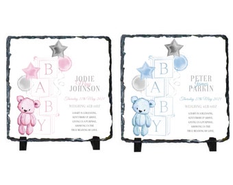 Personalised Teddy Bear Birth Stats Photo Slate, New Baby Gift