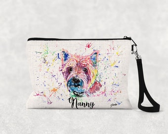 Gorgeous Linen Watercolour Rainbow  Westie / West Highland Dog Make Up Bag / Pouch Wristlet Passport Holder, Ideal Gift, Birthday Present
