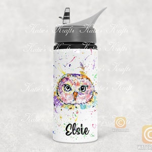 Personalised Watercolour Rainbow Owl Water Bottle, Ideal Gift, Birthday