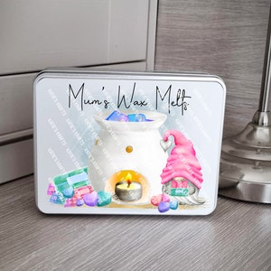 Personalised Wax Melt Gnome Storage Tin, Gift for Mum, Free Wax Melts