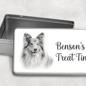 Personalised Dog Treats / Snack Tin Gift, 10 Dog Breeds Birthday Christmas SHELTIE