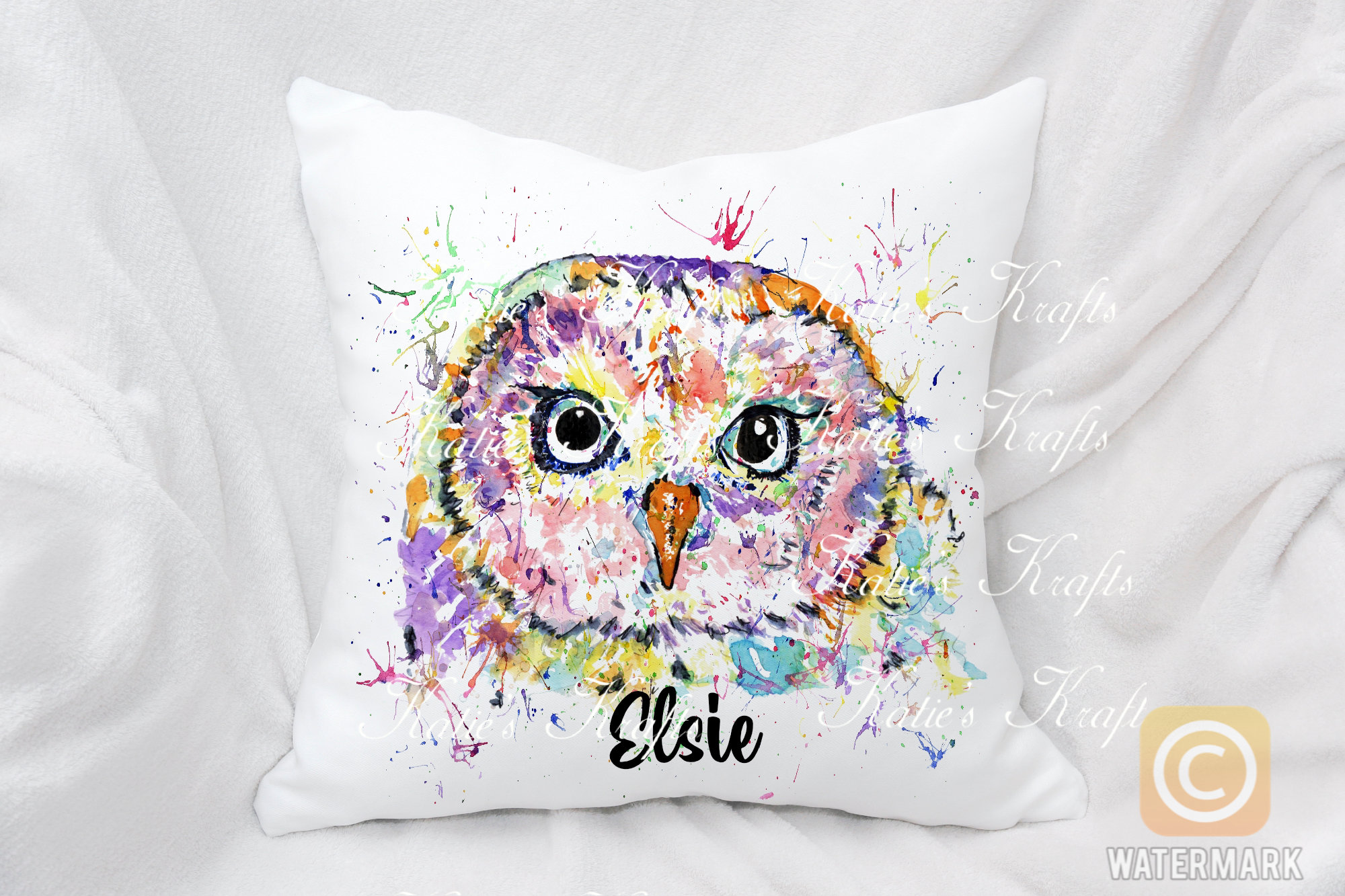 Personalised Watercolour Rainbow Owl Cushion, Cuddle Pillow, Birthday Gift,