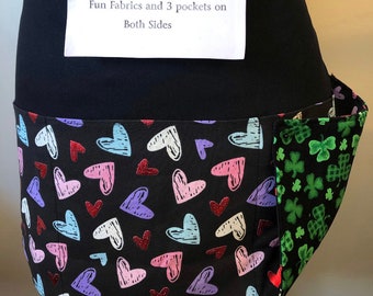 2 in 1 Reversible Valentine heart St Patrick’s day shamrock waitress Apron 3 pocket