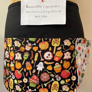 2 in 1 Reversible custom made Halloween Pumpkin bones candycorn witch waitress apron server half Apron 3 pocket choose size and fabric color