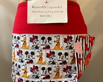 2 in 1 Reversible Mickey Minnie Mouse fabrics Waitress 3 pocket half Apron customize size and fabric