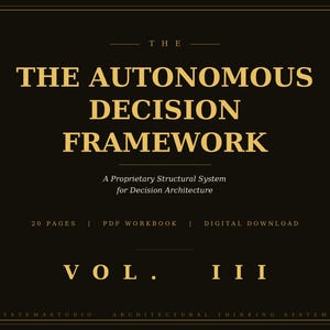 Könnte beinhalten: Eine schwarz-goldene digitale Download-Grafik mit dem Text "THE AUTONOMOUS DECISION FRAMEWORK". Der Text ist in einer Serifenschriftart gehalten. Die Grafik enthält auch den Text "A Proprietary Structural System for Decision Architecture", "20 PAGES | PDF WORKBOOK | DIGITAL DOWNLOAD" und "VOL. III".