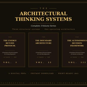 Puede incluir: Gráfico dorado oscuro con el texto "THE ARCHITECTURAL THINKING SYSTEMS" y tres portadas de libros. Las portadas se titulan "The Energy Return Protocol", "The Boundary Architecture" y "The Autonomous Decision Framework".