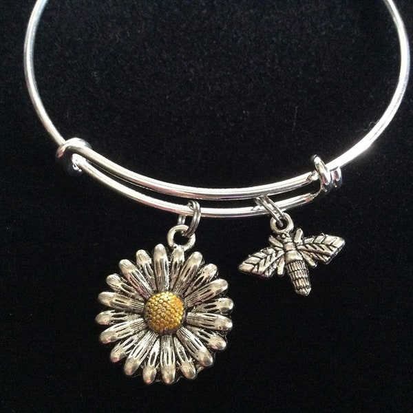 Two Toned Silver Daisy Sunflower and Bee Charm Adjustable One Size Fits All Expandable Charm Bracelet