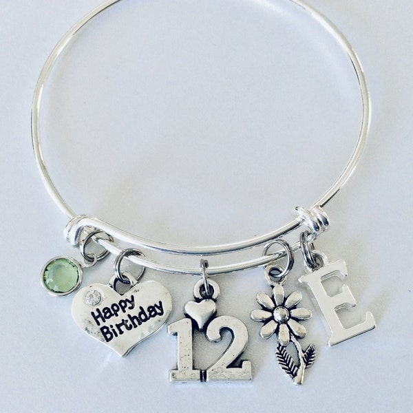 Personalized Birthday Gift for 12 year old Girl Adjustable Expandable Charm Bracelet Girls 12th Birthday Gift (Other Numbers Available)