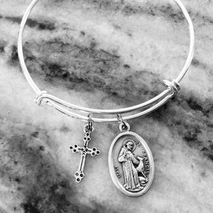 Saint Francis Expandable Charm Bracelet Silver Adjustable One Size Fits All Patron Saint of Animals, Patron Saint of Merchants and Ecology