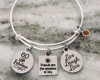 Live Laugh Love Personalized Women's 60th Birthday Gift for Her 60 and Fabulous Expandable Charm Bracelet Adjustable One Size Fits All