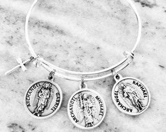 Archangel Charm Bracelet Prayer on Back Simple Silver Cross Charm Expandable Adjustable Bracelet One Size Fits All Michael Gabriel Raphael