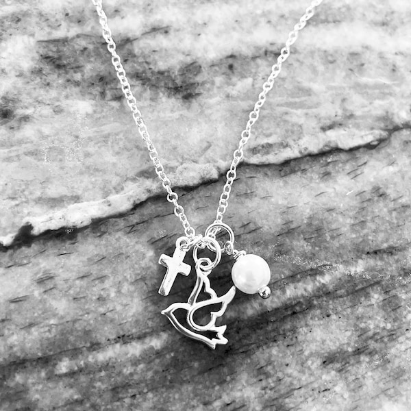 Pearl Peace Dove Confirmation Necklace Sterling Silver Birthstone Jewelry Tiny Charm Necklace Sterling Silver Chain Personalized Gift