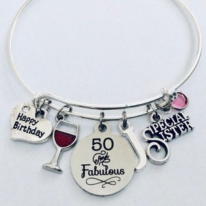 Personalized Birthday Gift for Sister 50th Birthday Gift Expandable Charm Bracelet Adjustable Bangle Gift One Size Fits All