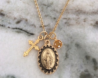 Personalized Miraculous Mary Necklace Gold Plated Stainless Steel Birthstone Jewelry Catholic Medal Custom Charm Necklaces