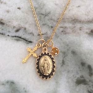 Personalized Miraculous Mary Necklace Gold Plated Stainless Steel Birthstone Jewelry Catholic Medal Custom Charm Necklaces