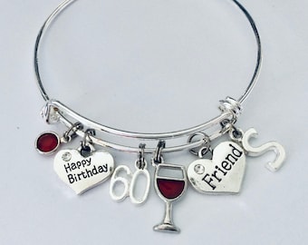 60th Birthday Gift for Friend Charm Bracelet Adjustable One Size Fits All Gift Friends 60th Birthday (Other Person Charms Available)