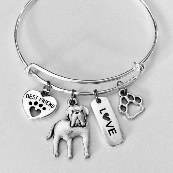 Mastiff Charm Bracelet Silver Adjustable One Size Fits All Mastiff Dog Jewelry Paw Print Charm Bracelet Gift for Her