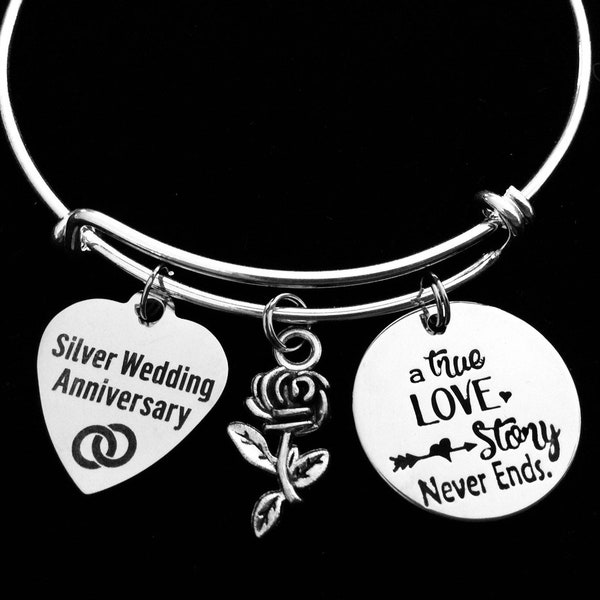 Silver Wedding Anniversary Gift for Wife Charm Bracelet Adjustable One Size Fits All 25th Wedding A True Love Story Never Ends