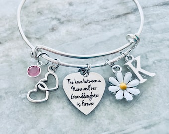 The Love between a Nana and her Granddaughter is Forever Granddaughter Gift Grandmother Gift Expandable Charm Bracelet Bangle Personalized