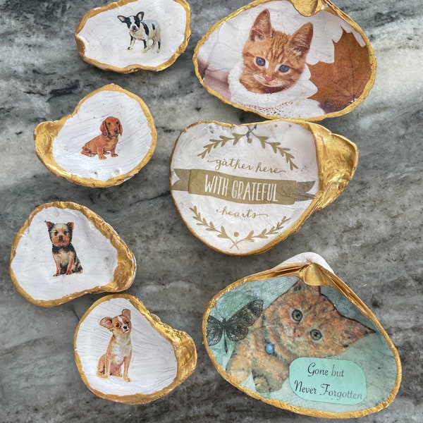 Hand Painted Clam Shell Jewelry Dish Trinket Dishes Ring Dish Large Clam Shells Decoupage Gold Leaf Paint Tabby Cat Dogs