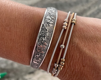 Elephant Cuff Bracelet Silver Cuff Bracelet Can Be Personalized with Comfortable Guitar String Elastic Spring Bracelets and Birthstones