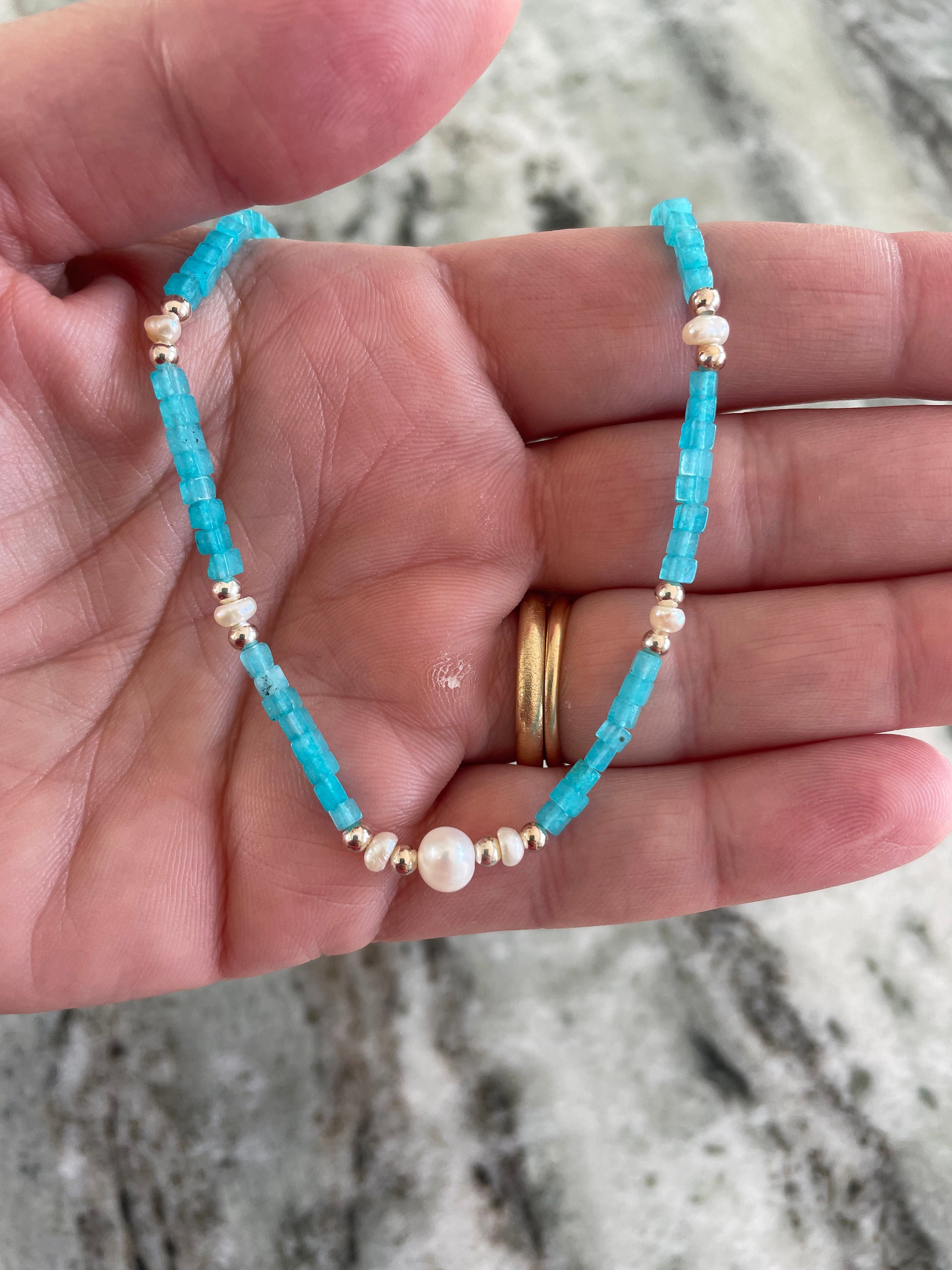 Amazonite and Pearl Sterling Silver Necklace - Etsy