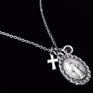 Personalized Miraculous Mary Necklace Stainless Steel Birthstone Jewelry Catholic Medal Women's Religious Medal Pendant Inspirational