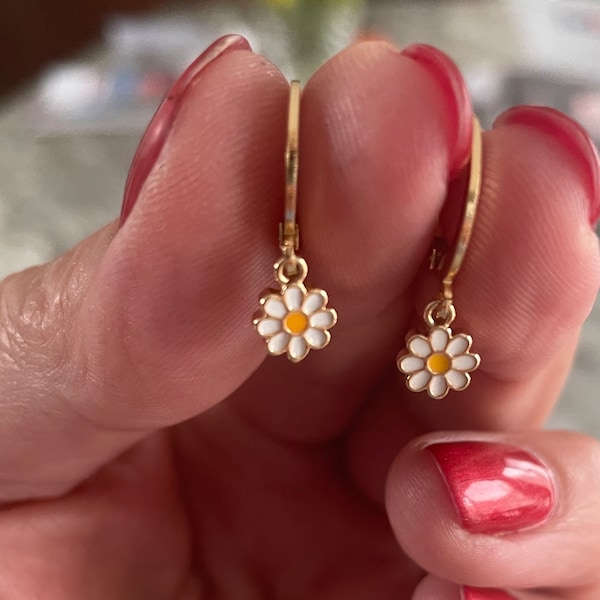 Tiny Gold Daisy Earrings Stainless Steel Gold Lever Back Daisy Jewelry