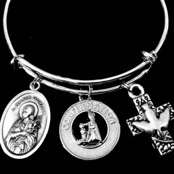 Girls Confirmation Gift Patron Saint of Young Women Saint Maria Goretti  Expandable Charm Bracelet Silver Wire Bangle Adjustable