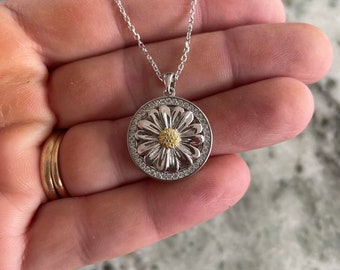 Daisy Spinner Necklace Fidget Necklace Sterling Silver Rotatable Daisy Pendant 925 Sterling Silver White Gold