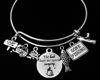 Ladies Camping Gift Charm Bracelet Expandable Adjustable Silver Bangle Camping Camper Canoe Gone Fishing One Size Fits All Gift