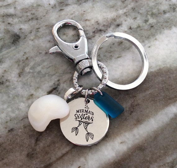 Sirène sœurs porte-bonheur pierre et verre de mer FOB porte-clés plage verre  porte-clés argent porte-clés nautique FOB -  France
