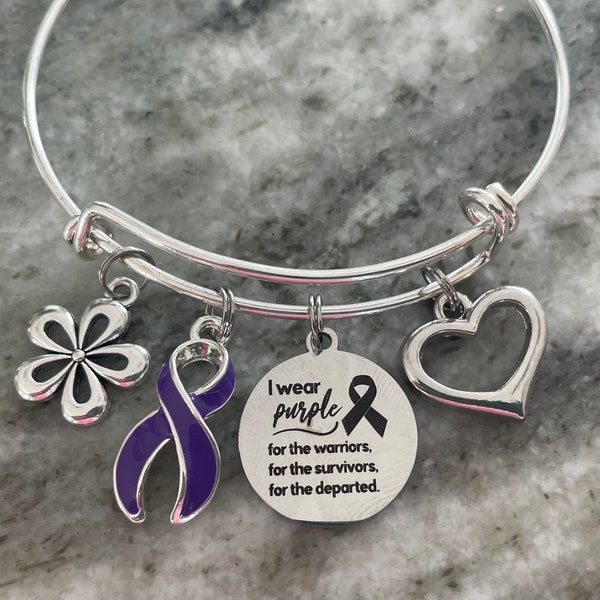 I Wear Purple for the Warriors Survivors Departed Purple Awareness Charm Bracelet Adjustable One Size Fits All Alzheimer's Domestic violence