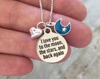 I Love you to the Moon the Stars and Back Again Charm Necklace Real 925 Sterling Silver Charms