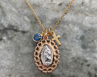 Collier Notre-Dame de Guadalupe en or et argent Médaille Mère Marie Bijoux avec pierre de naissance Médaille catholique personnalisée