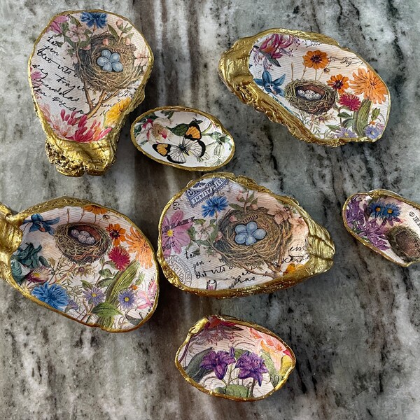 Oyster Shell Jewelry Dish Birds Nest Trinket Dishes Ring Dish Hand Painted Decoupage Oyster Shell Gold Leaf Paint