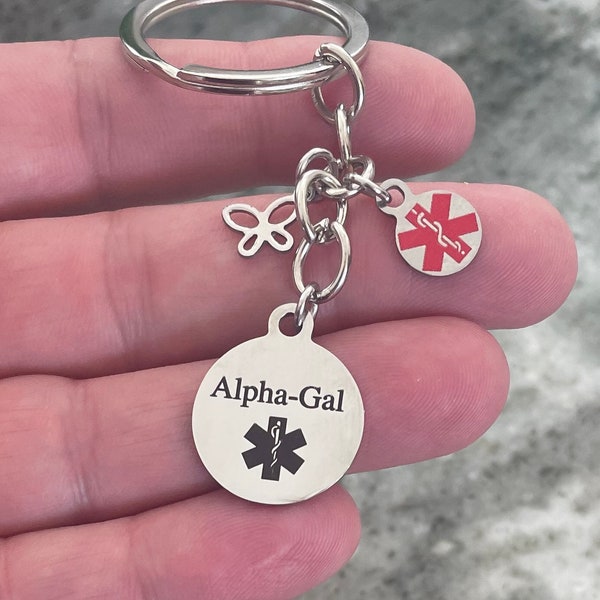 Alpha Gal Keychain Silver Key Chain Keyring FOB Medical Alert Keychain for Alpha-Gal Allergy