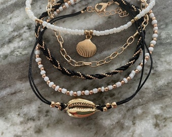 Gold Anklet 5 Piece Set Layered Nautical Anklet Beach Ankle Jewelry Black Beaded Multilayer One Size Fits All Gold Shell