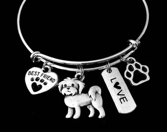 Maltese Charm Bracelet Maltese Dog Expandable Charm Bracelet Silver Adjustable Wire Bangle Gift Best Friend Paw Print