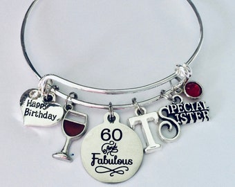 60 and Fabulous Birthday Gift for Sister 60th Birthday Gift Expandable Charm Bracelet Adjustable One Size Fits All Personalized