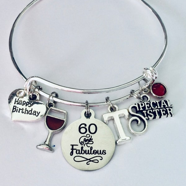 60 and Fabulous Birthday Gift for Sister 60th Birthday Gift Expandable Charm Bracelet Adjustable One Size Fits All Personalized