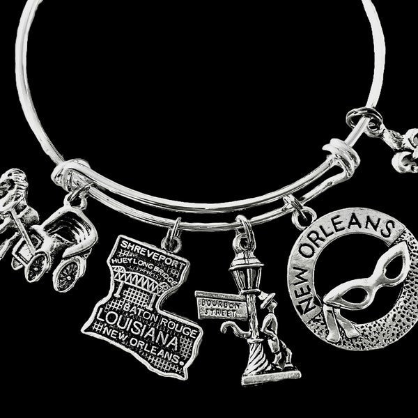 Louisiana New Orleans Jewelry Bourbon Street Adjustable Silver Charm Bracelet Expandable Wire Bangle One Size Fits All Gift