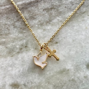 Gold and Pearl Peace Dove Confirmation Necklace Gold Confirmation Jewelry Tiny Dove Charm Necklace (Birthstone Option)