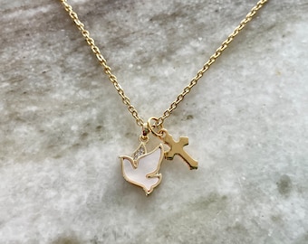 Gold and Pearl Peace Dove Confirmation Necklace Gold Confirmation Jewelry Tiny Dove Charm Necklace (Birthstone Option)