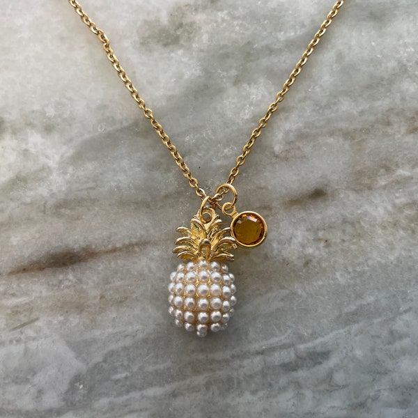 Pineapple Necklace Gold Plated Stainless Steel Chain Gold Filled and Pearl Pineapple Pendant Optional Birthstone Custom Charm Necklaces