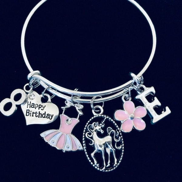 Birthday gift for 8 year old Girl Ballerina and Unicorn Expandable Charm Bracelet Personalized 8th Birthday Gift for Her